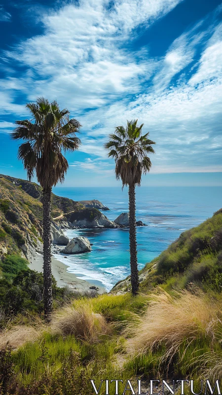 Sunlit palm cliffs framing a secret turquoise cove escape.