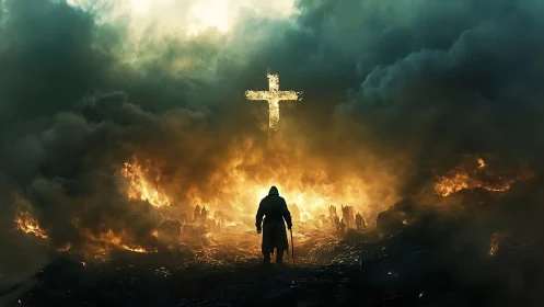 Lone wanderer walks toward a glowing cross in burning mist
