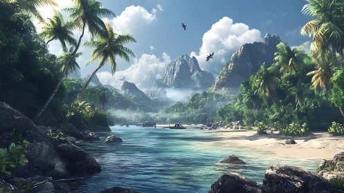 Tropical Lagoon Valley: Limestone Peaks, Misty Gorge, Pristine Waters.