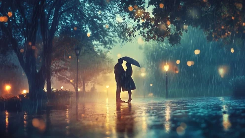 Couple embracing under umbrella in rainy street lights