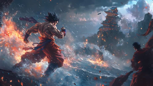 Warrior storms burning sea fortress under violent sky.