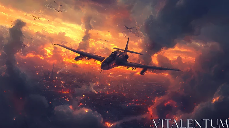 Warplane cuts through burning storm clouds at dusk.