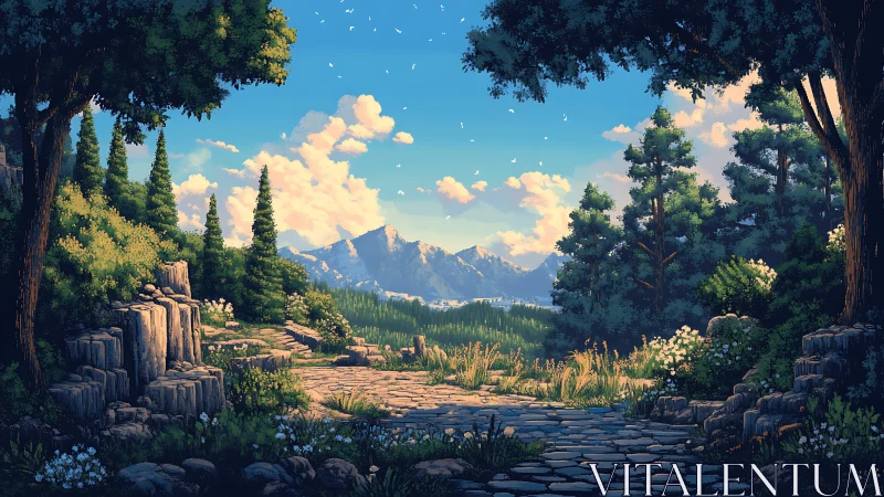 Mountain valley landscape framed by towering forest trees with ancient stone pathway