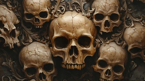 Baroque skull cluster forms ornate symmetrical death motif