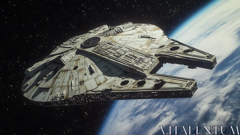 Weathered starship drifting gently above blue Earth.