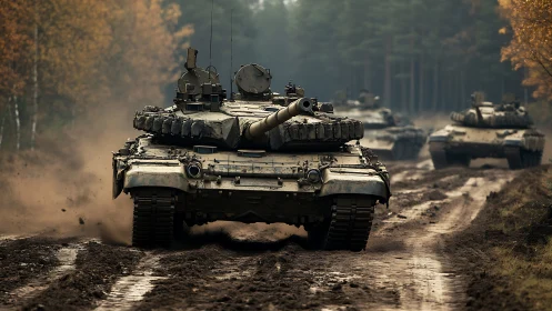 Military Tank Column Moving Through Forest Road