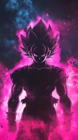 Silhouetted anime fighter stands in intense pink energy