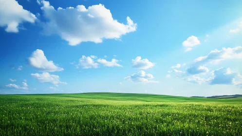 Sunlit green meadow stretches under calm blue sky.