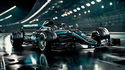 Midnight circuit predator hums over rain-slicked tarmac lights