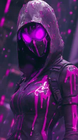 Neon rogue stalks city streets in dripping magenta armor.