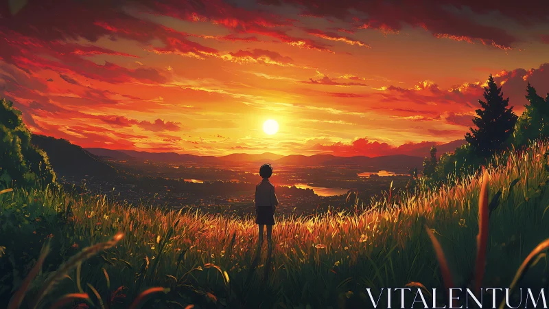 Child watches blazing valley sunset from sunlit hill