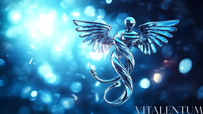 Chrome caduceus symbol glows within blue clinical bokeh.