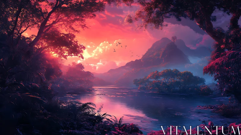 Neon twilight jungle river under glowing magenta sky.
