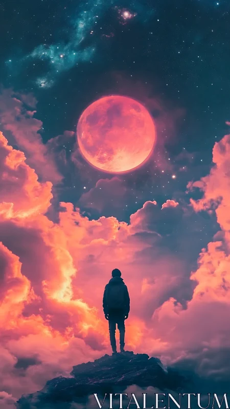 Stargazing wanderer meets a neon moon in blazing clouds