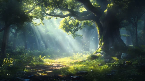 Enchanted old-growth forest corridor with crepuscular lighting and arboreal canopy.