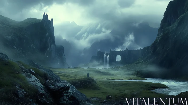 Digital painting of mist-clad valley with ruined stone gate.