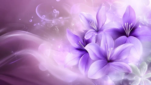 Purple Irises Bloom in Luminous Ethereal Garden Setting