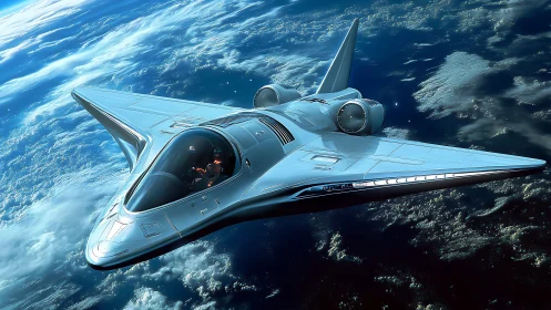Futuristic delta-wing orbital shuttle above cloud-covered Earth
