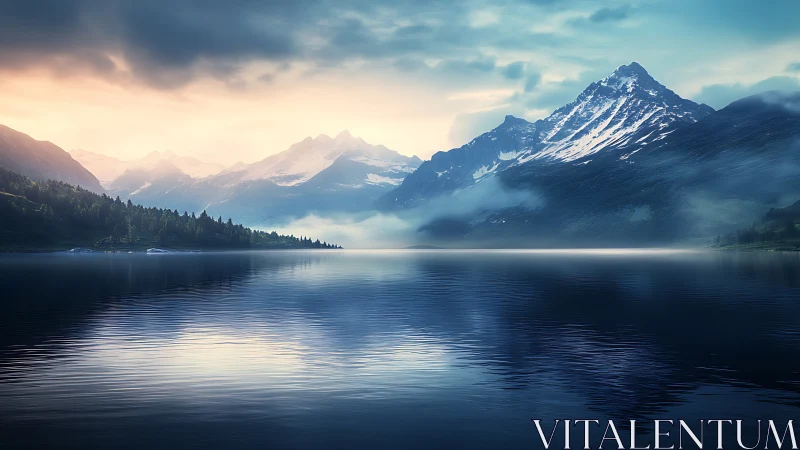 Snowcapped peaks rise over a tranquil misty mountain lake.
