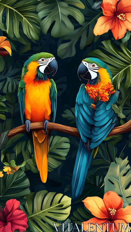 Vibrant macaw pair perched in dense tropical foliage illustration
