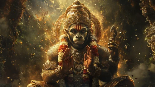 Divine monkey warrior sits in golden-lit temple sanctuary.