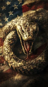 Coiled serpent roars to life beneath a weathered flag