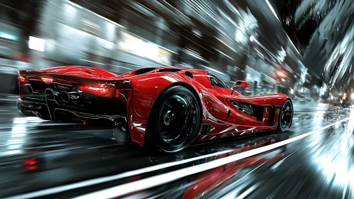 Midnight red supercar surges through a glowing city street
