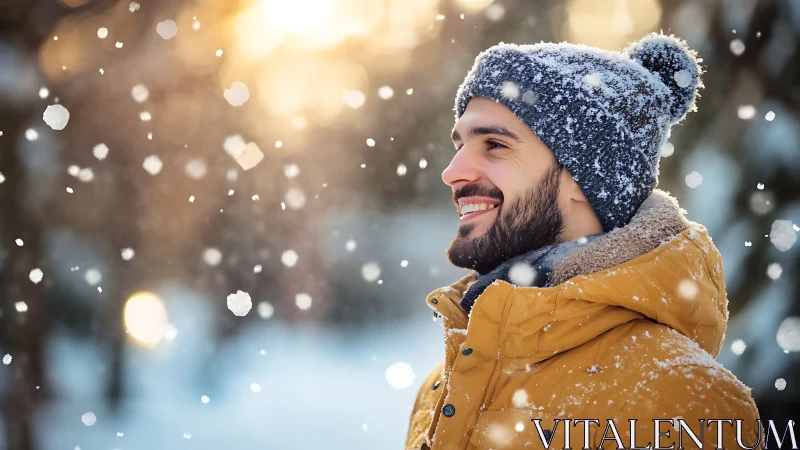 Man in winter clothing stands in falling snow at sunset