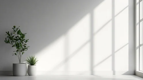Minimalist interior plants framed by geometric window light