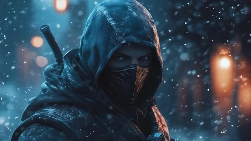 Masked winter assassin stalks neon lit snowbound alleyway.