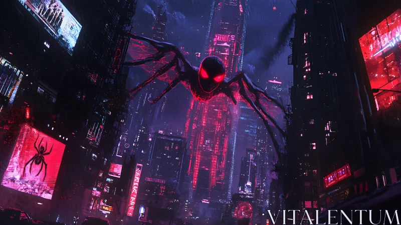 Giant spider drone hovers over neon cyberpunk city street