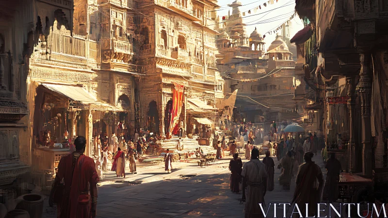 Sunlit sandstone bazaar with dense architectural layering.