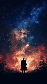 Silhouette observes blazing nebula sky over dark horizon