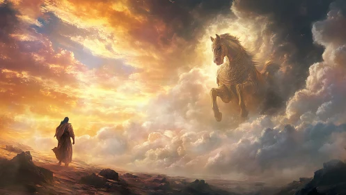 Radiant storm sky reveals armored celestial horse confronting traveler