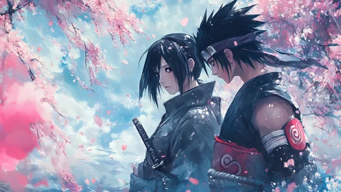 Cherry blossoms cradle two quiet anime warriors in thought