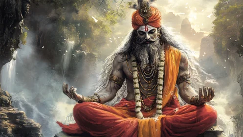 Mystic sage in orange robes holding stillness among waterfalls.