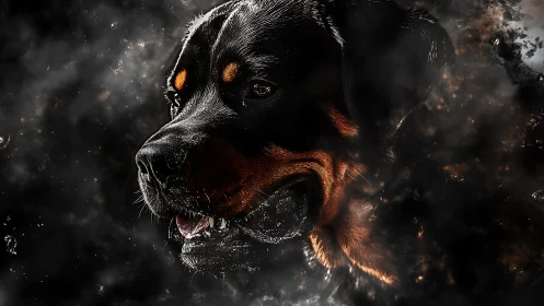 Rottweiler dog portrait in dark dramatic smoke effect.