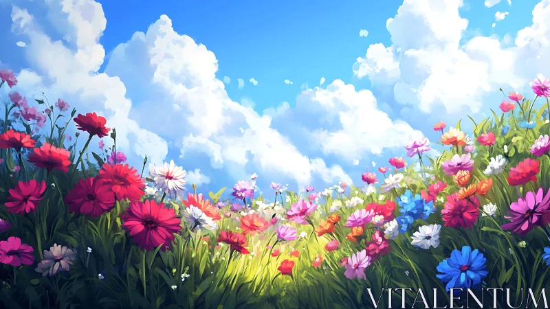 Wildflower meadow glows under towering summer clouds