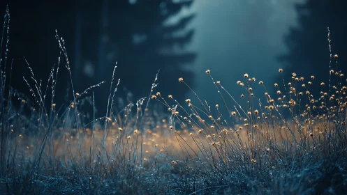 Golden meadow grasses glowing at dawn in misty forest.