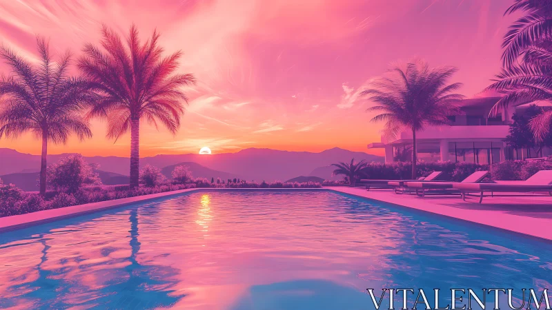 Luxury pool and palm trees under vivid neon sunset sky.