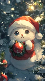 White kitten in Santa outfit holding ornament in snow.