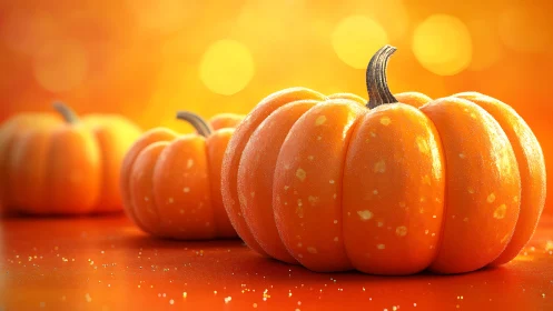 Macro-rendered dew-kissed mini pumpkins with bokeh glow