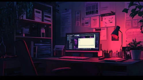 Nocturnal workstation with dual-tone neon computational lighting.
