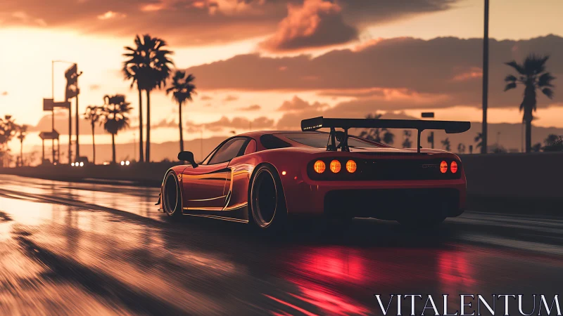 Supercar races through neon-lit sunset highway scene.