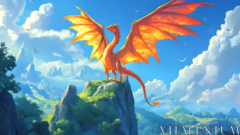 Fiery orange dragon surveys sunlit mountains from cliff peak.