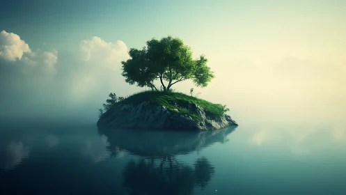 Solitary Tree on Rocky Island Amid Tranquil Waters