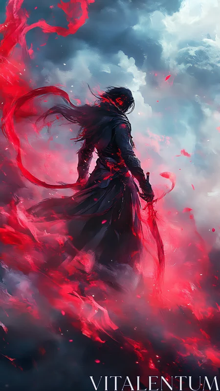 Dark warrior in red energy storm against glowing sky.
