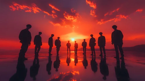 Silhouetted group stands united against a blazing sunset sky