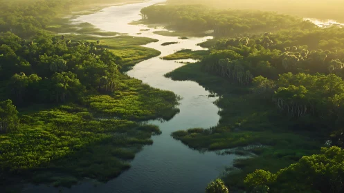 Sunlit river winding softly through lush green wetlands.