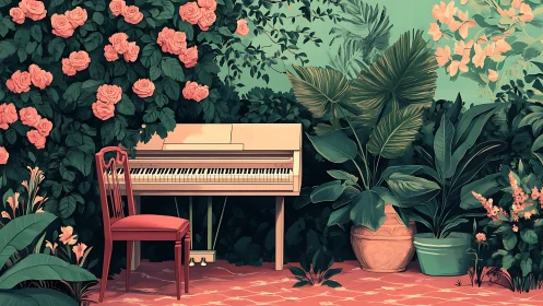 Garden piano daydream where roses listen to quiet songs.